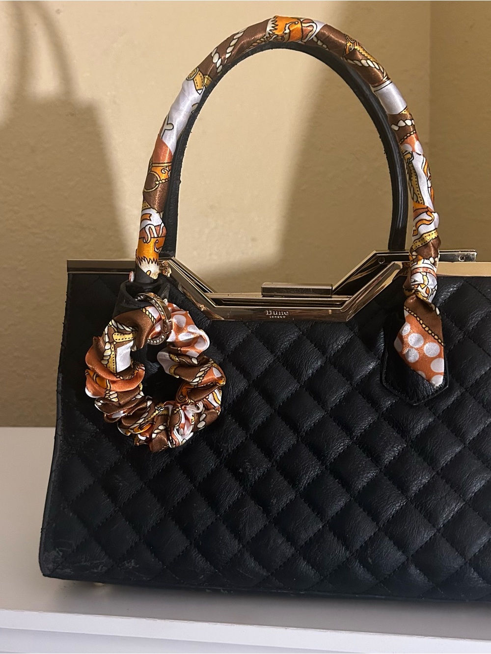 2Pc Twilly Satin Set Women Purse Scarf & Scrunchie Hair Tie Brown White Orange